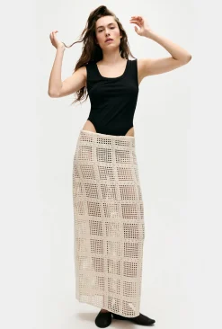 COTTON GRID LONG SKIRT NATURAL