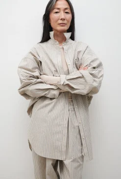 COTTON ROUND SHIRT SLATE STRIPE