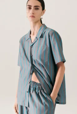 COTTON SILK CAMP SHIRT OXYGEN STRIPE