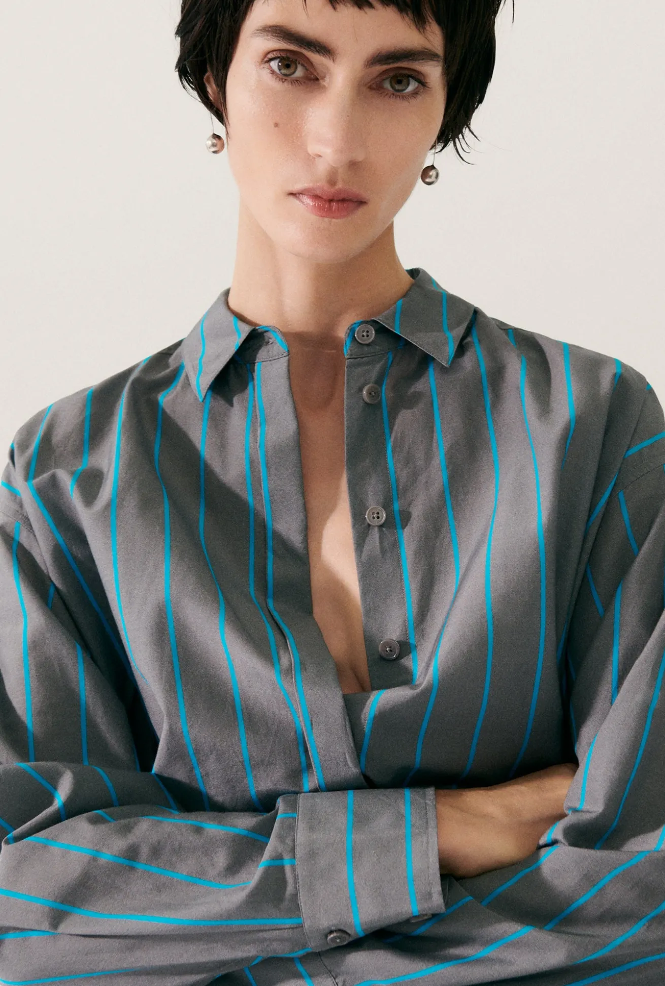 COTTON SILK MORNING SHIRT OXYGEN STRIPE