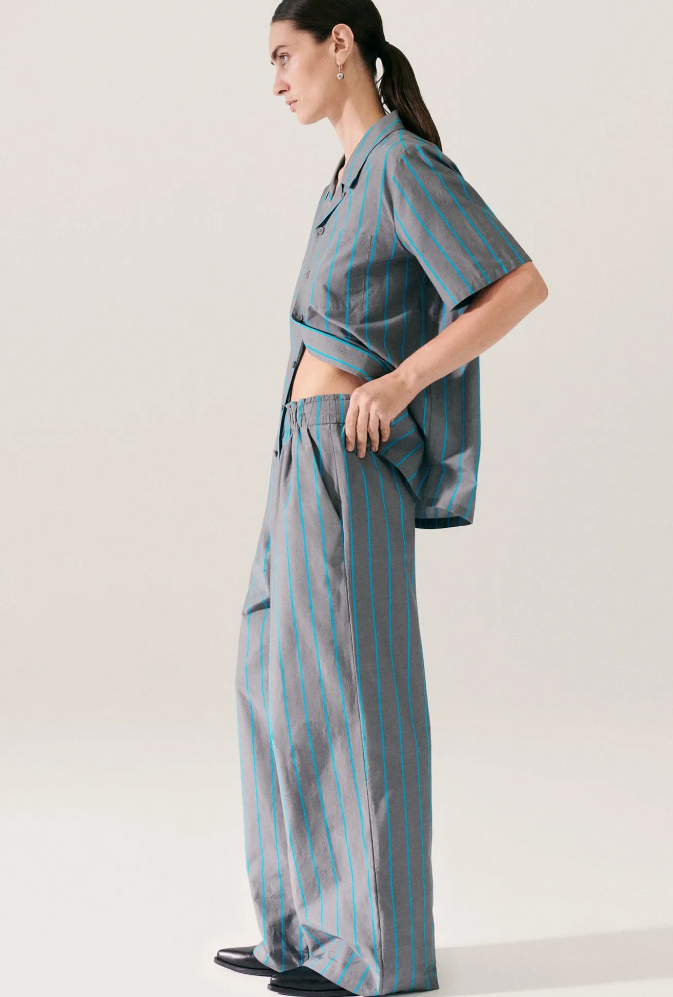COTTON SILK PAPER BAG PANTS OXYGEN STRIPE