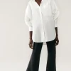 COTTON SILK ROUND SHIRT WHITE PINSTRIPE