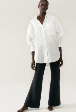 COTTON SILK ROUND SHIRT WHITE PINSTRIPE