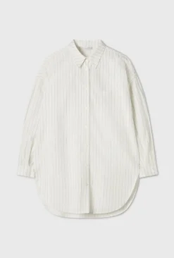 COTTON SILK ROUND SHIRT WHITE PINSTRIPE
