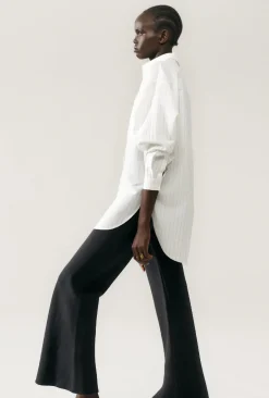 COTTON SILK ROUND SHIRT WHITE PINSTRIPE