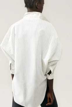 COTTON SILK ROUND SHIRT WHITE PINSTRIPE