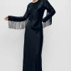 FRINGE FULL SLEEVE BIAS DRESS BLACK