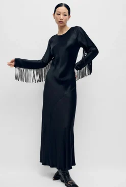 FRINGE FULL SLEEVE BIAS DRESS BLACK