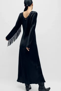 FRINGE FULL SLEEVE BIAS DRESS BLACK