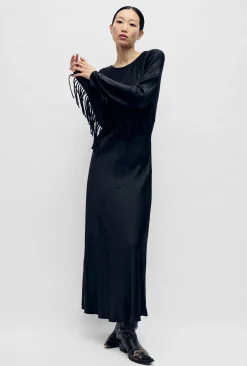 FRINGE FULL SLEEVE BIAS DRESS BLACK