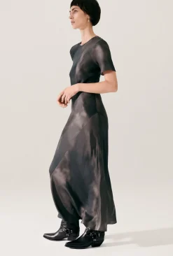 SHORT SLEEVE BIAS DRESS SMOKE