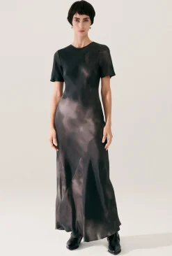 SHORT SLEEVE BIAS DRESS SMOKE